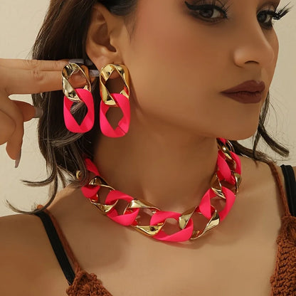 Chunky Dual-Texture Interlocking Link Chain Necklace & Earring Set