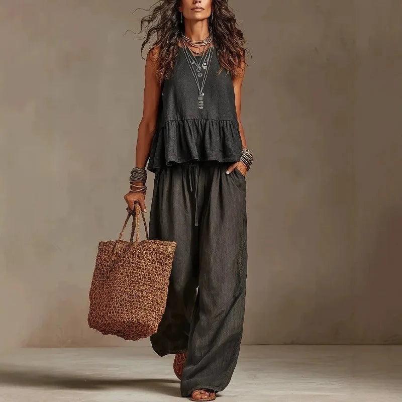 Women's Boho Linen Wide Leg Pant Set