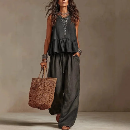 Women's Boho Linen Wide Leg Pant Set