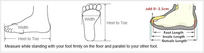 Diagram showing how to measure foot width, length, and insole length with labeled measurements.