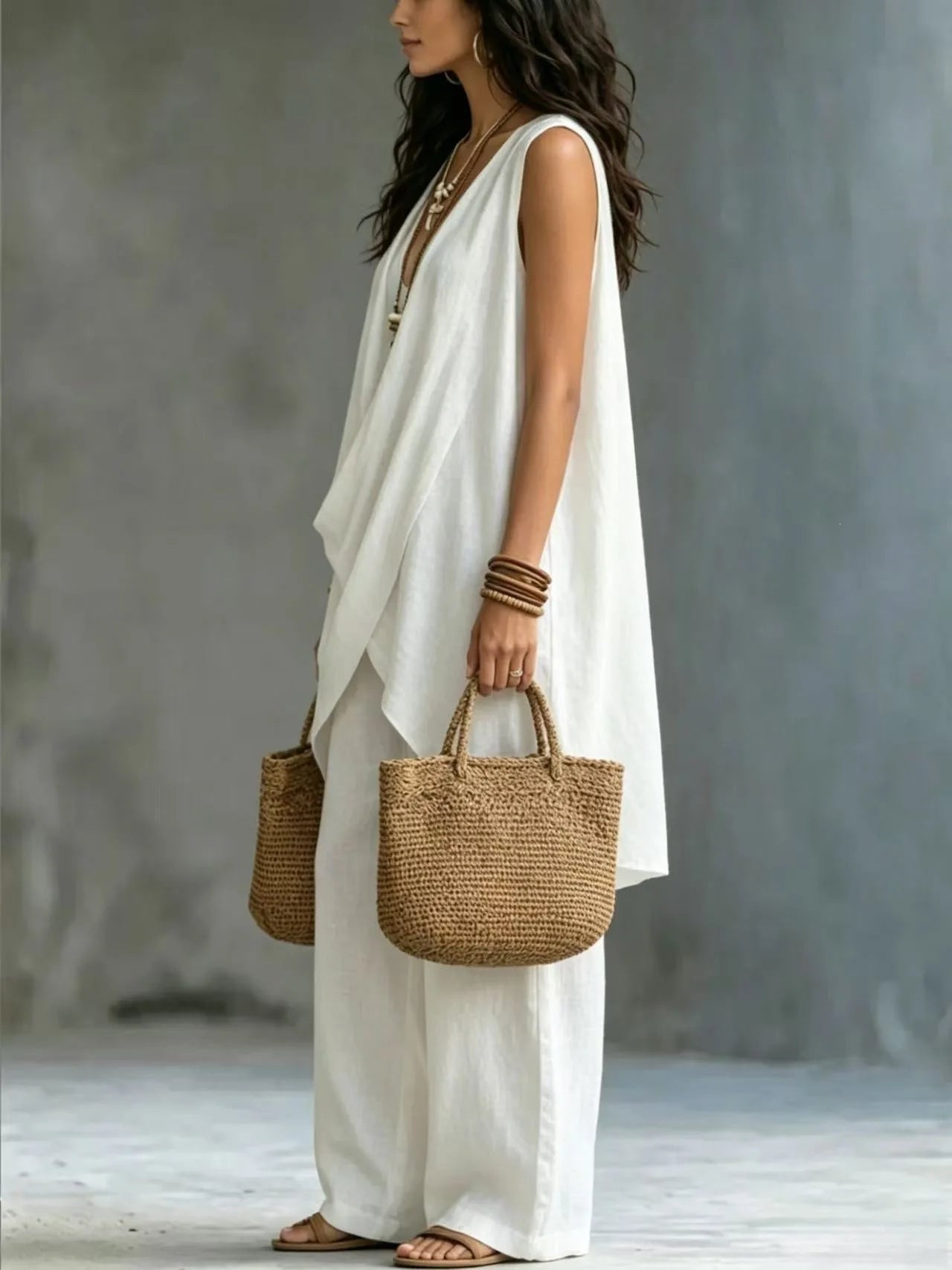 Women's Sleeveless Asymmetrical Linen Blend Set