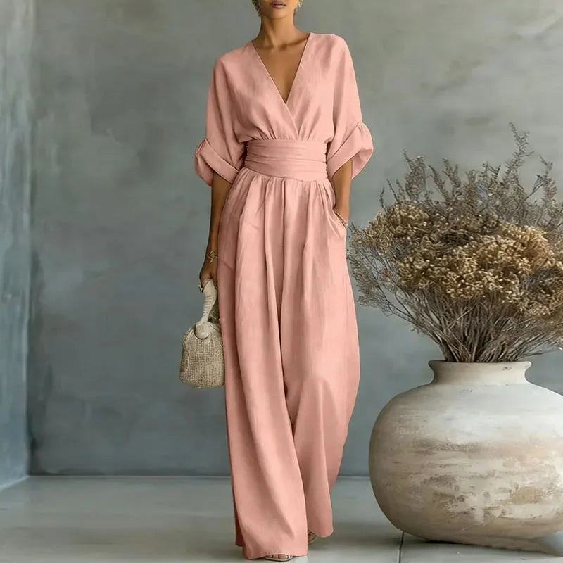 Deep V Wrap Wide Leg Jumpsuit