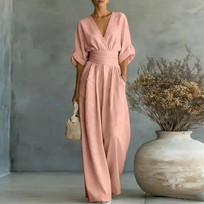Deep V Wrap Wide Leg Jumpsuit