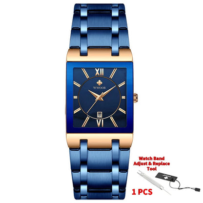 Blue and gold watch with WWOOR branding on a white background