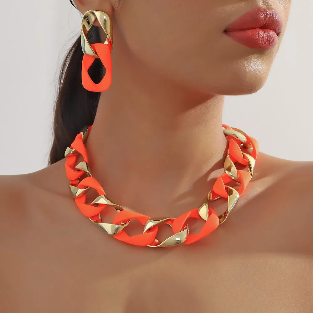 Chunky Dual-Texture Interlocking Link Chain Necklace & Earring Set