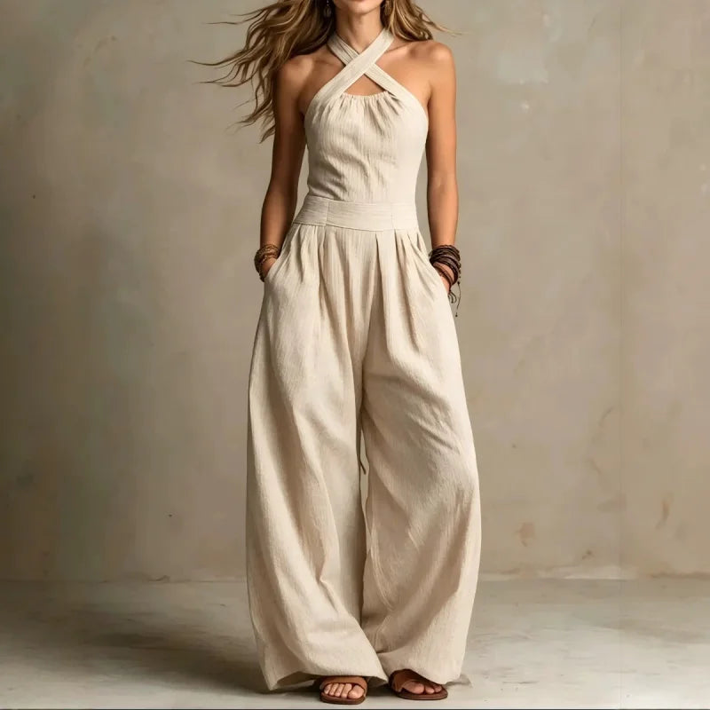 Halter Cross-Neck Wide Leg Jumpsuit