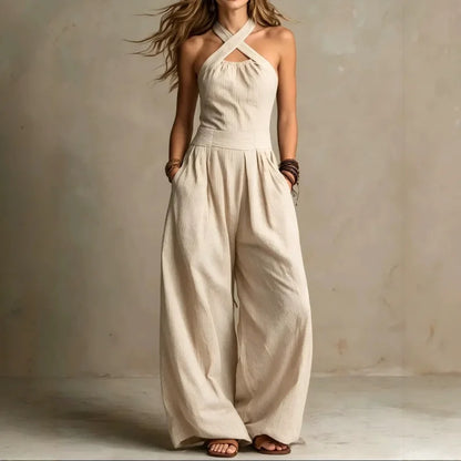 Halter Cross-Neck Wide Leg Jumpsuit