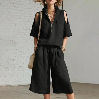 Cold Shoulder Zip Two-Piece Linen Set