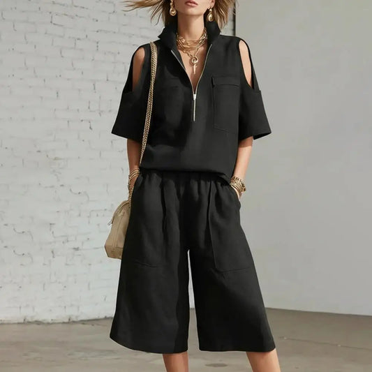 Cold Shoulder Zip Two-Piece Linen Set
