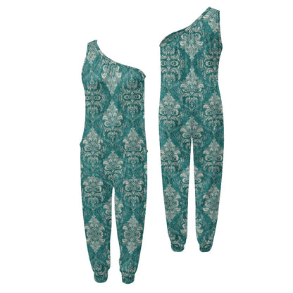 Teal and white patterned one-shoulder jumpsuit on a white background