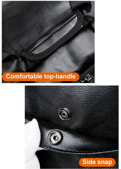 Close-up of a black leather bag with a comfortable top-handle and side snap feature.