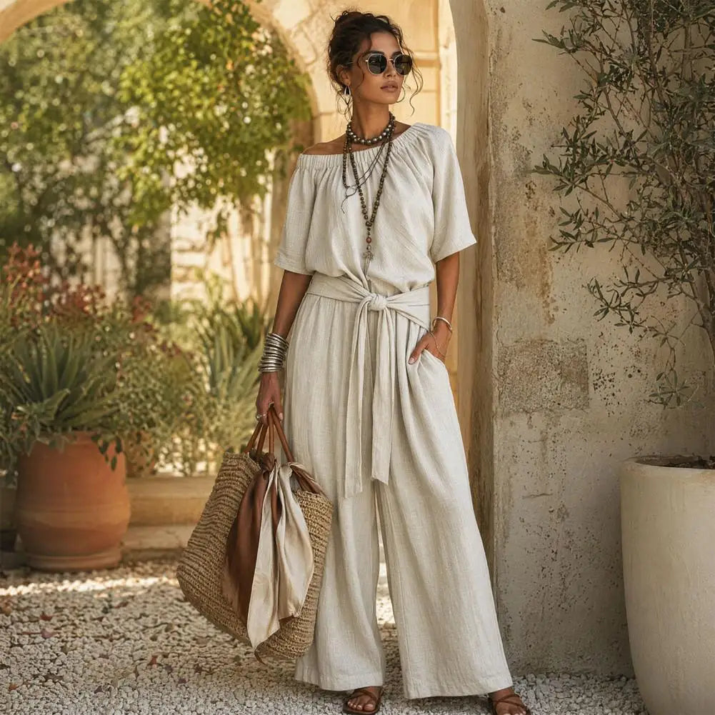 Off Shoulder Tie Waist Jumpsuit