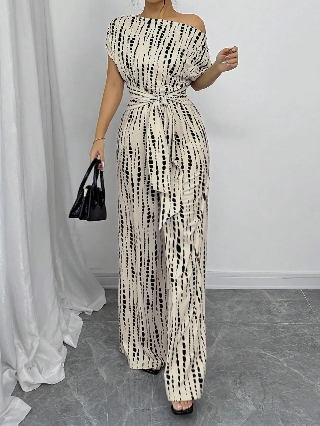 Slanted Shoulder Wide Leg Jumpsuit