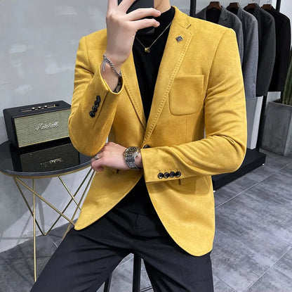 Person wearing a yellow blazer in a clothing store setting
