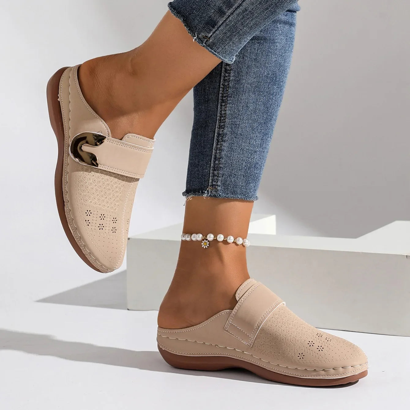 Quilted Buckle Wedge Mule Sandals