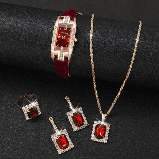 5-Piece Elegant Baroque Rhinestone Women's Watch & Jewelry Set
