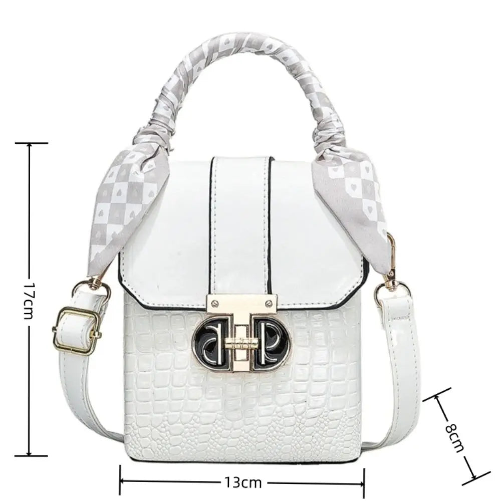 White handbag with measurements on a white background