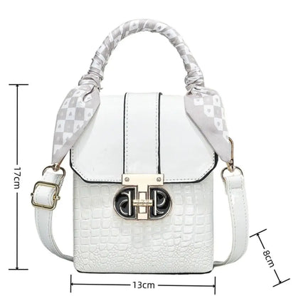 White handbag with measurements on a white background