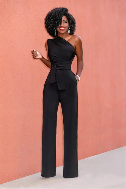 Elegant One-Shoulder Belted Jumpsuit