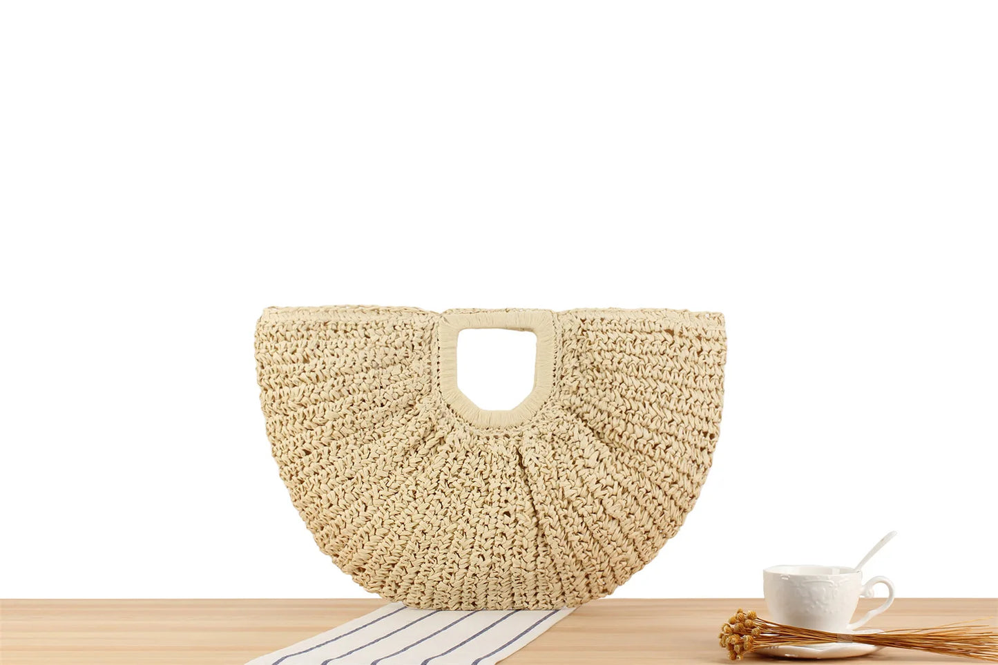 Handmade Half Moon Straw Tote Bag