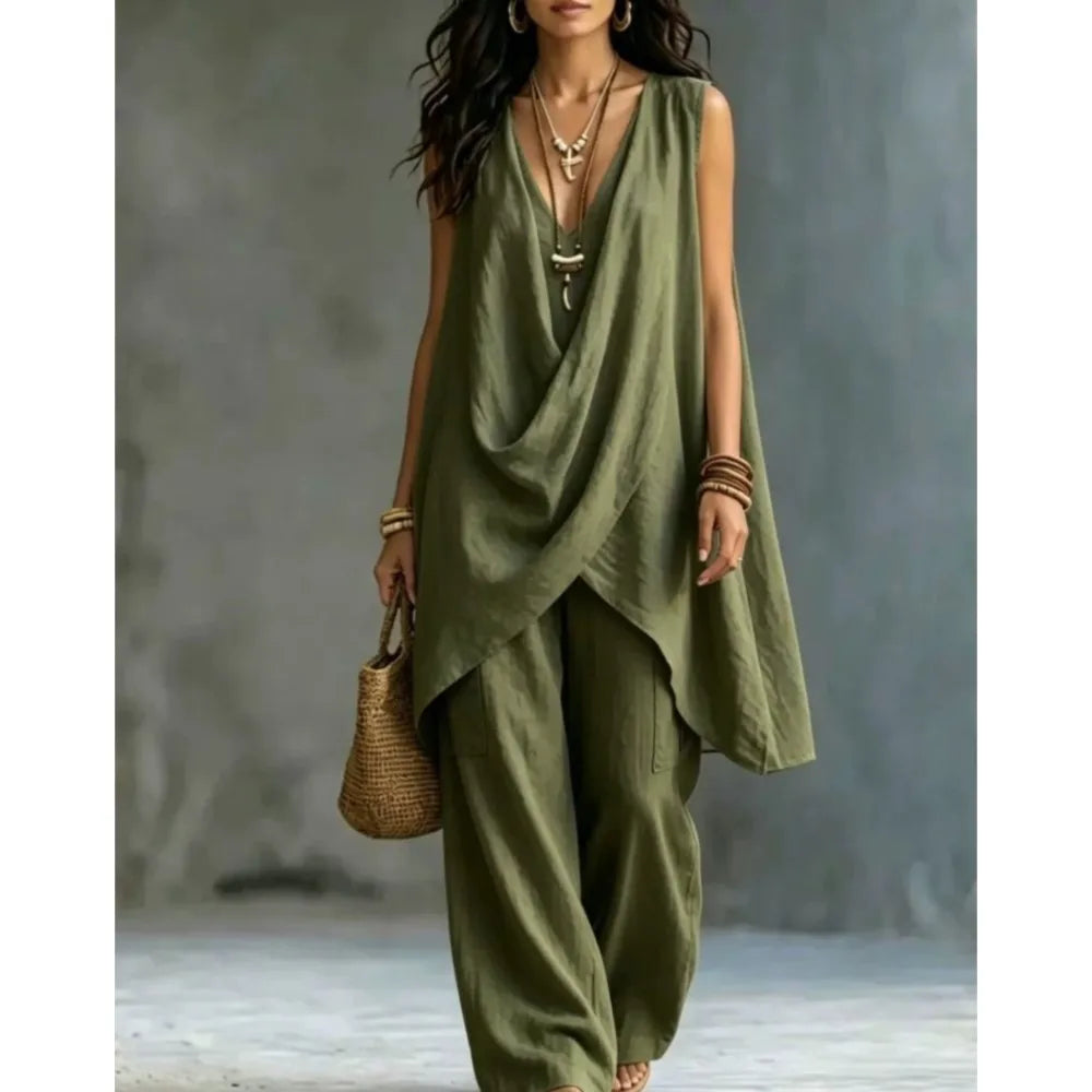Women's Sleeveless Asymmetrical Linen Blend Set