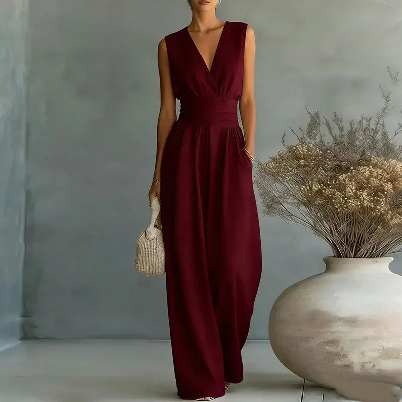 Deep V Wrap Wide Leg Jumpsuit