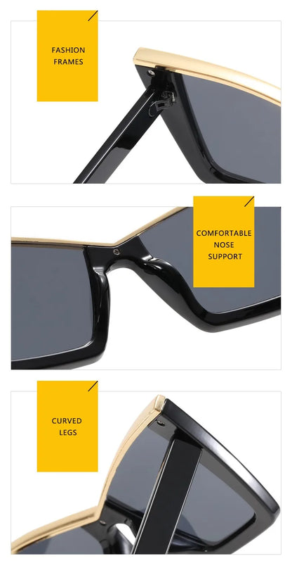 Three close-up product detail panels of black sunglasses with gold trim and dark lenses, each with a yellow text label pointing to a feature: fashion frames, comfortable nose support, and curved legs.