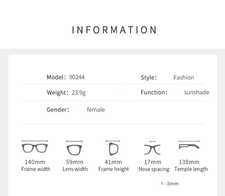 Product information card for eyeglasses with specifications and icons.