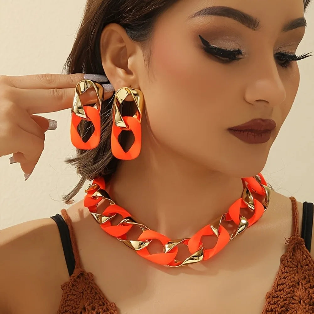 Chunky Dual-Texture Interlocking Link Chain Necklace & Earring Set