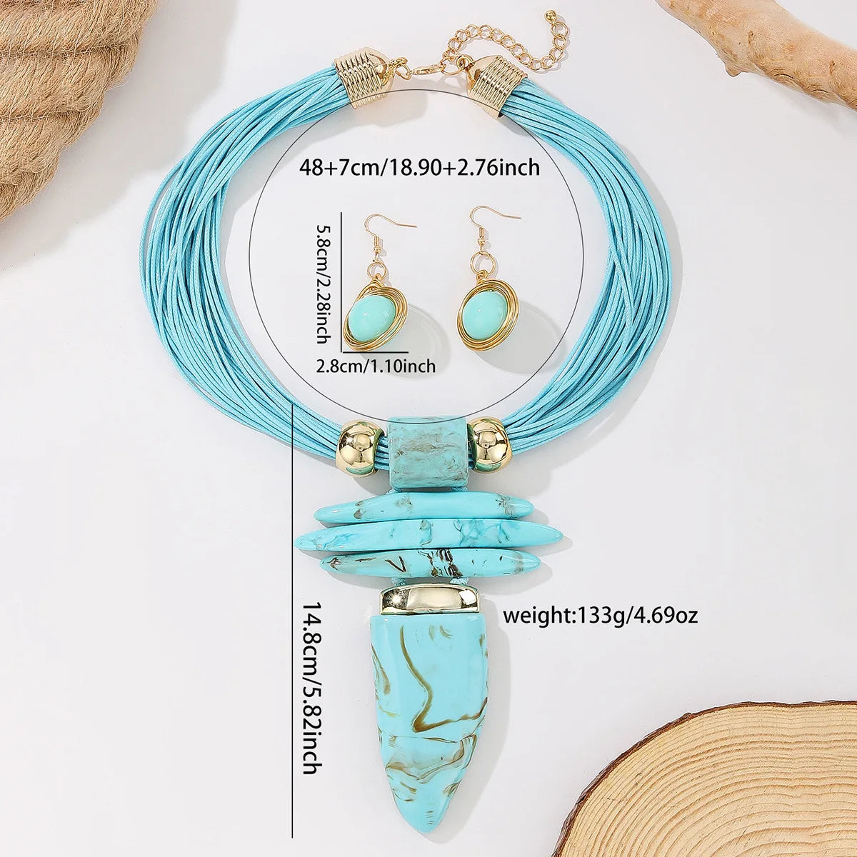 Turquoise necklace and earrings with measurements on a white background