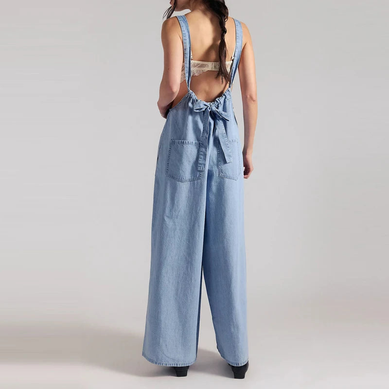 Wide-Leg Denim Overall Jumpsuit