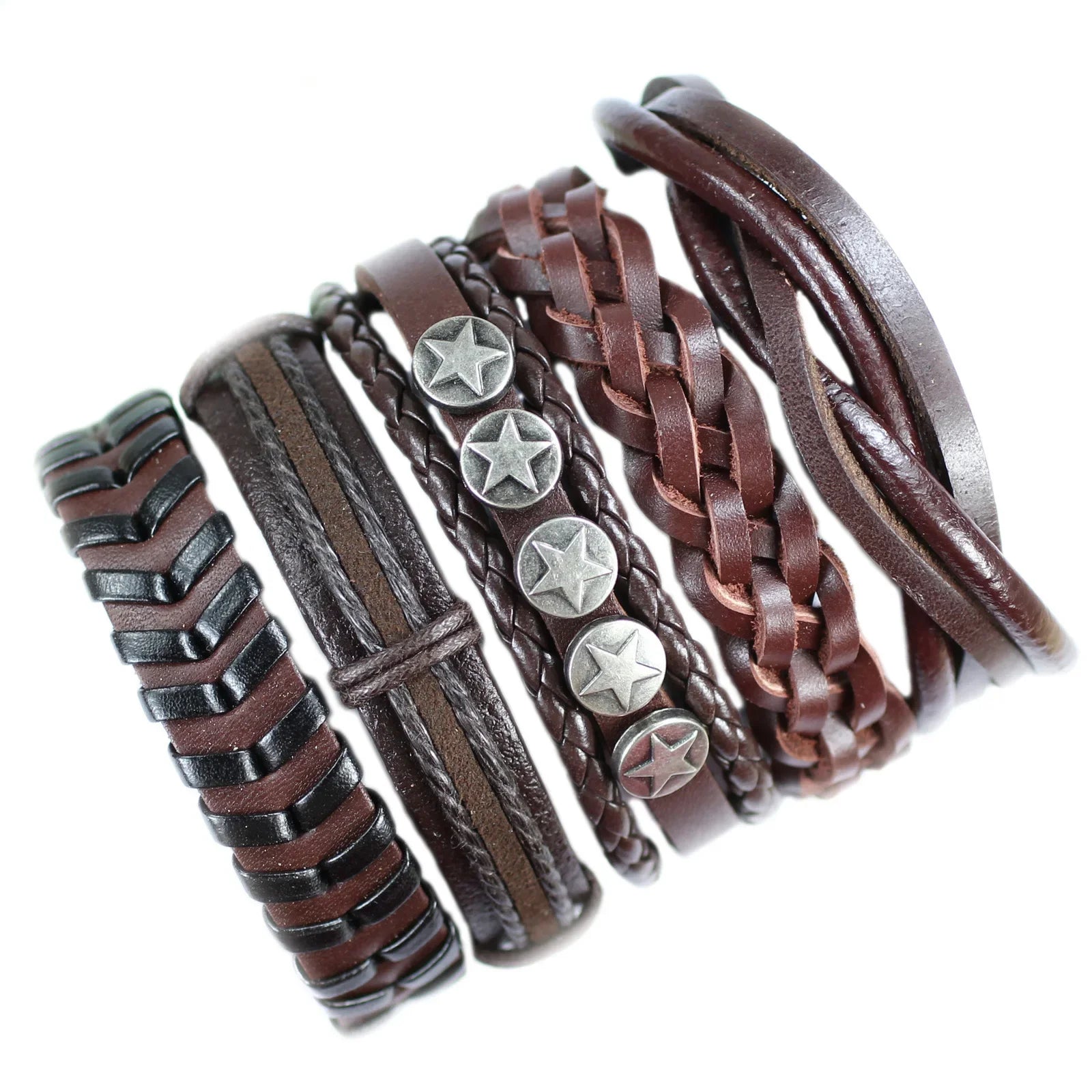 Set of brown leather bracelets with star-shaped metal buttons on a white background