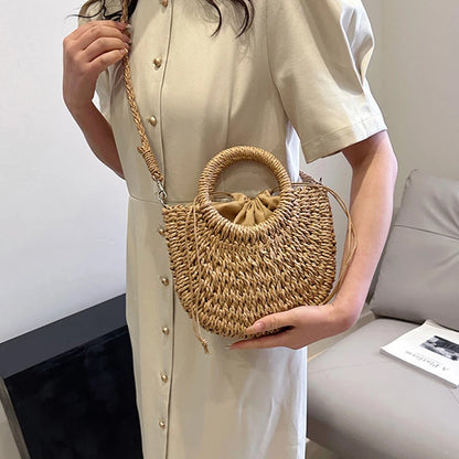 Handwoven Straw Half-Moon Bag
