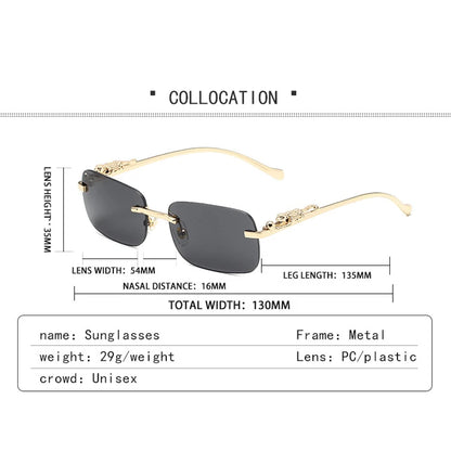 Sunglasses with gold frame and black lenses, featuring dimensions and product details on a white background.