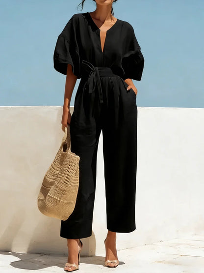 Boho Wide Leg Belted Jumpsuit with Pockets