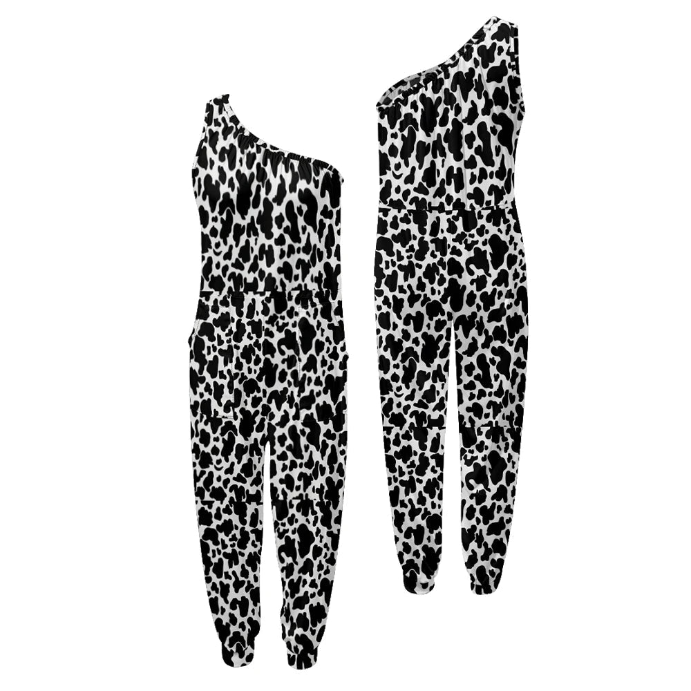 Leopard print one-shoulder top and pants on a white background