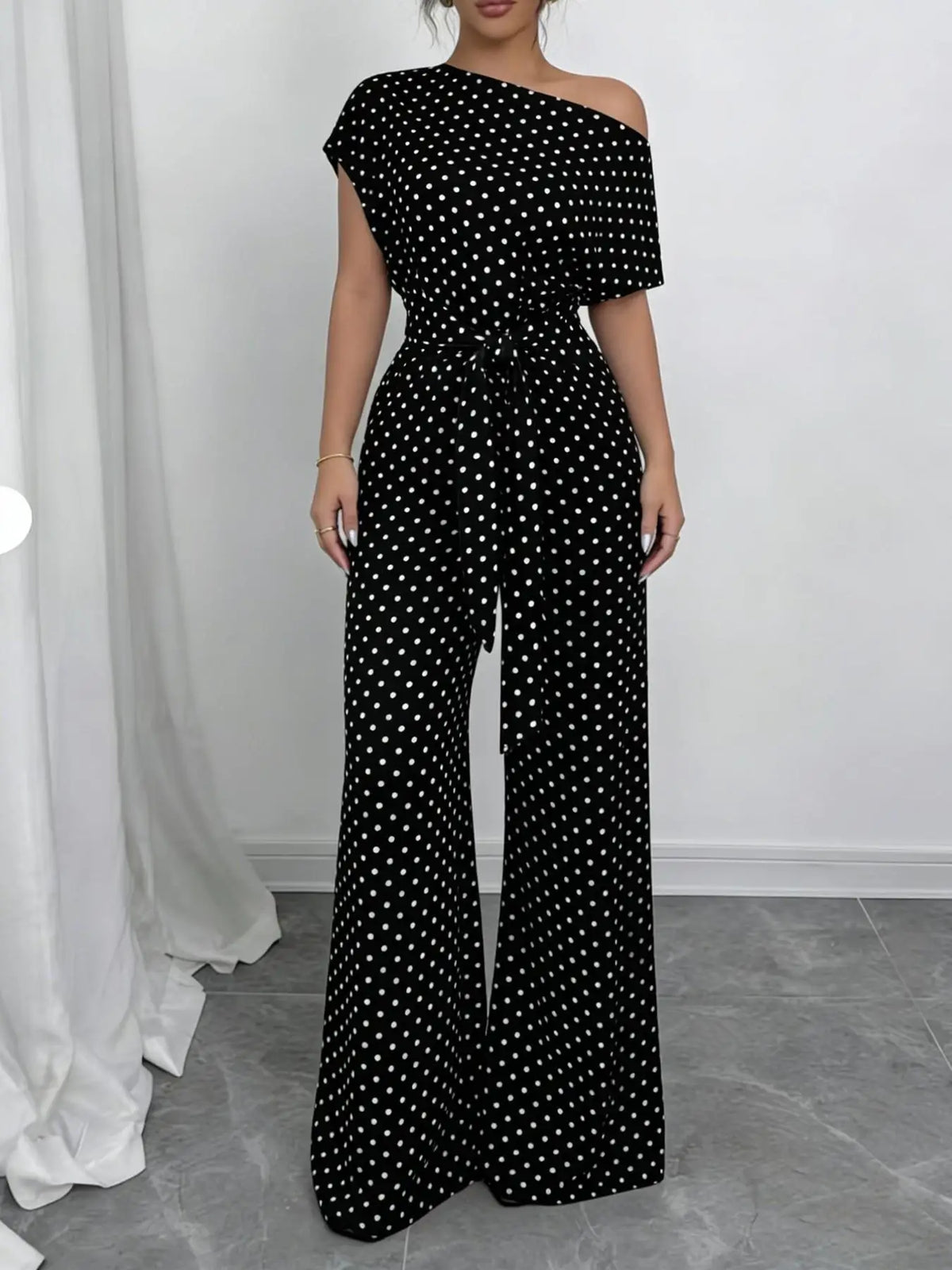 Slanted Shoulder Wide Leg Jumpsuit
