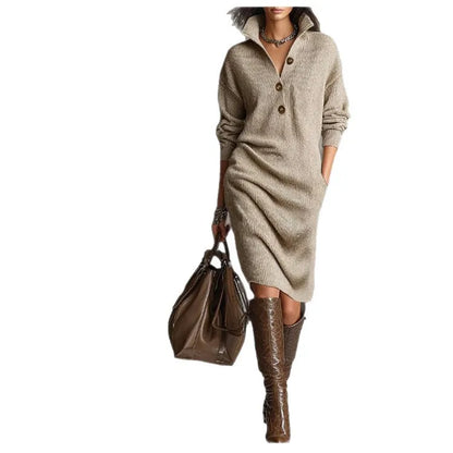 Classic Ribbed Knit Polo Midi Dress
