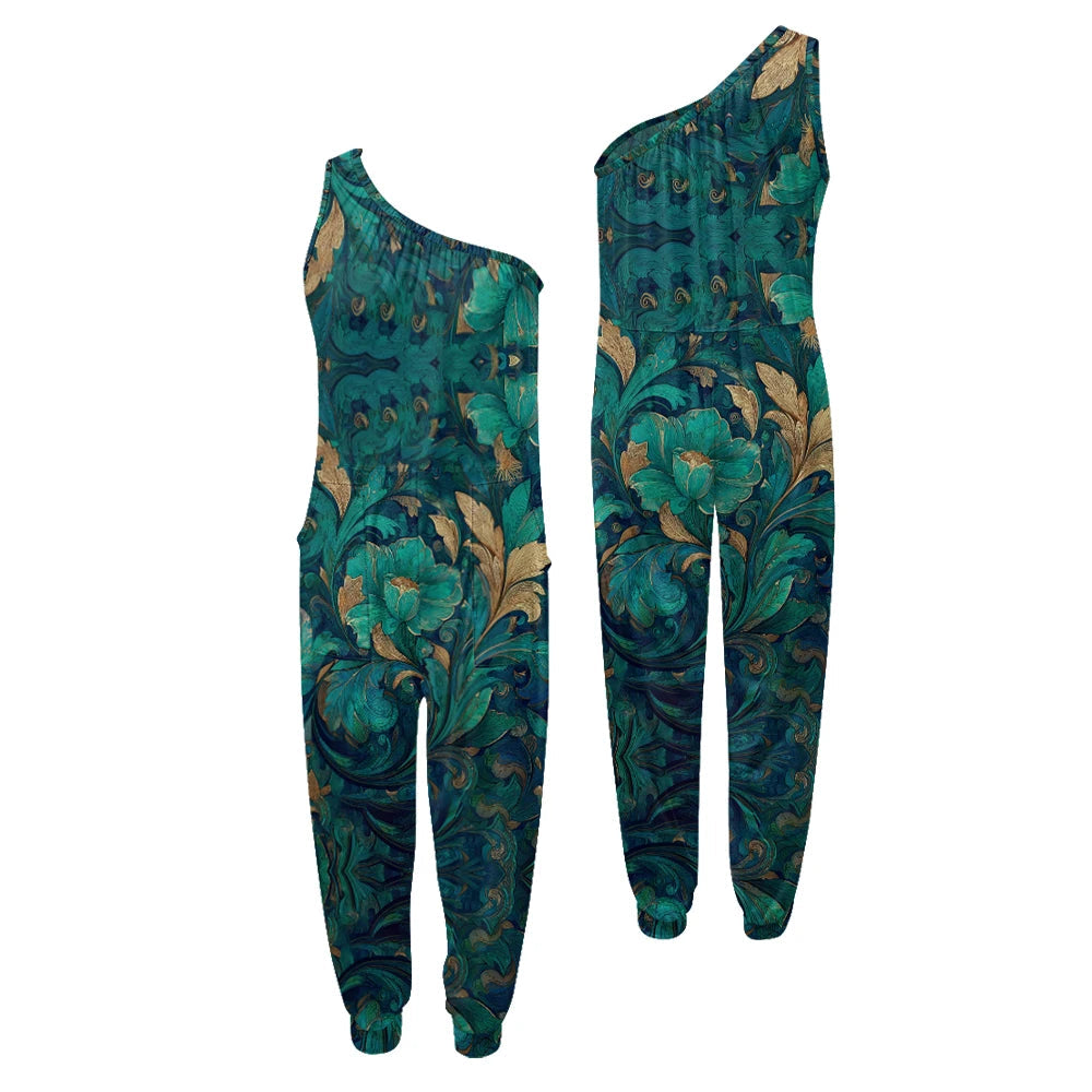 Green floral one-shoulder jumpsuit on a white background.
