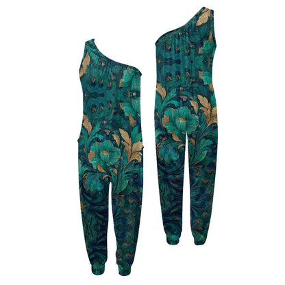 Green floral one-shoulder jumpsuit on a white background.