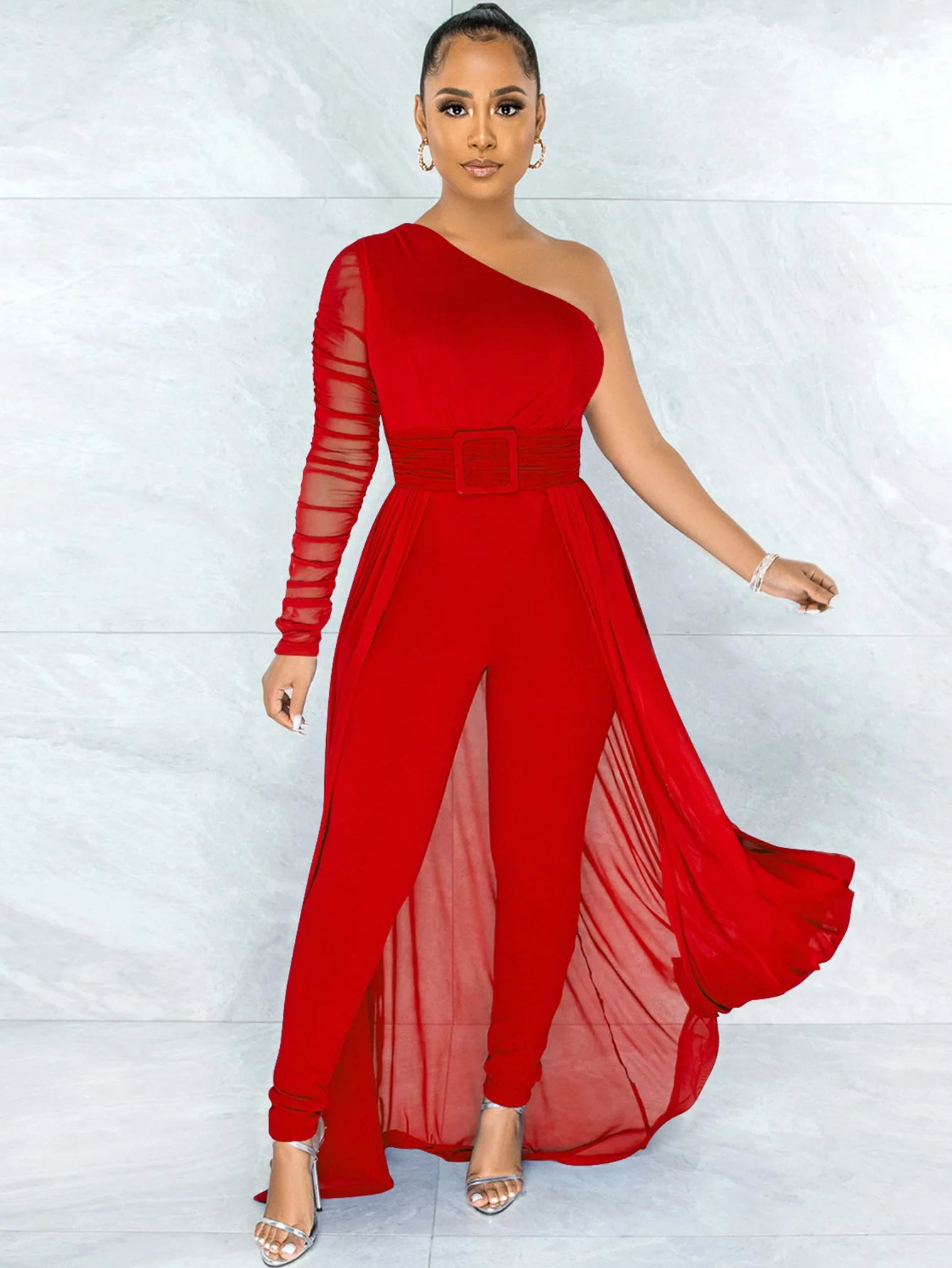 Elegant Red One-Shoulder Jumpsuit