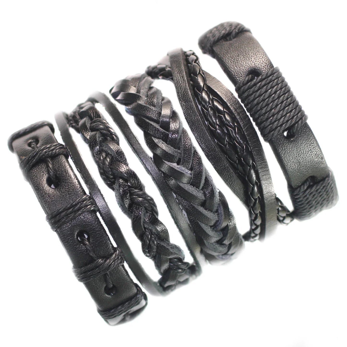 Set of black leather bracelets with braided designs on a white background