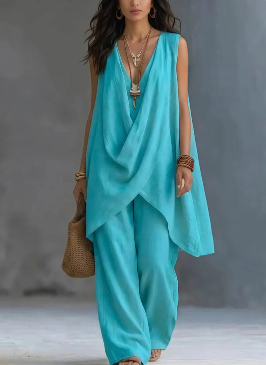 Women's Sleeveless Asymmetrical Linen Blend Set