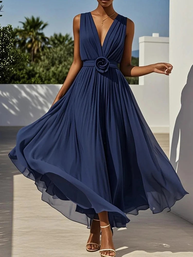 Aurora Pleated V-Neck Maxi Dress