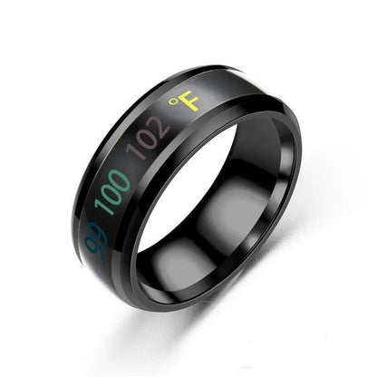 Black digital temperature ring with digital display on a white background