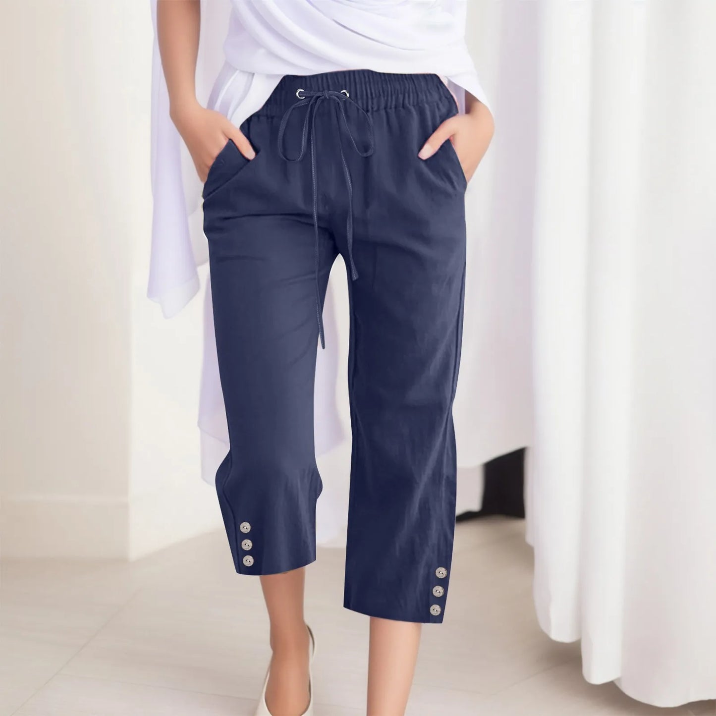 Cotton Linen Capri Pants For Women