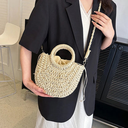 Handwoven Straw Half-Moon Bag