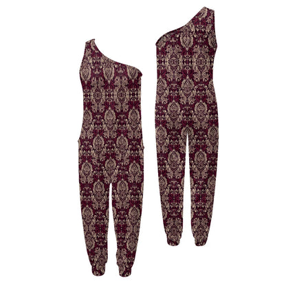 One-shoulder patterned jumpsuit on a white background with product code CP20738A11.