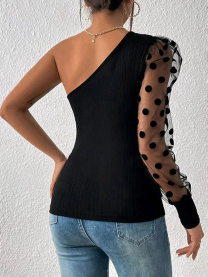 Sheer Puff Sleeve One Shoulder Top