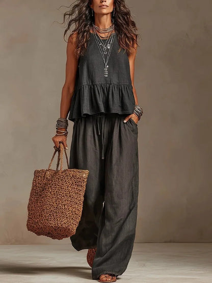 Women's Boho Linen Wide Leg Pant Set
